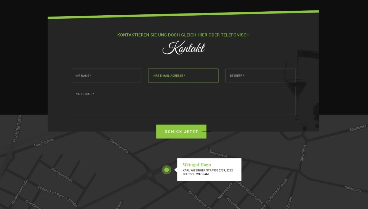 Hang Weignut online wine shop website - contact page layout